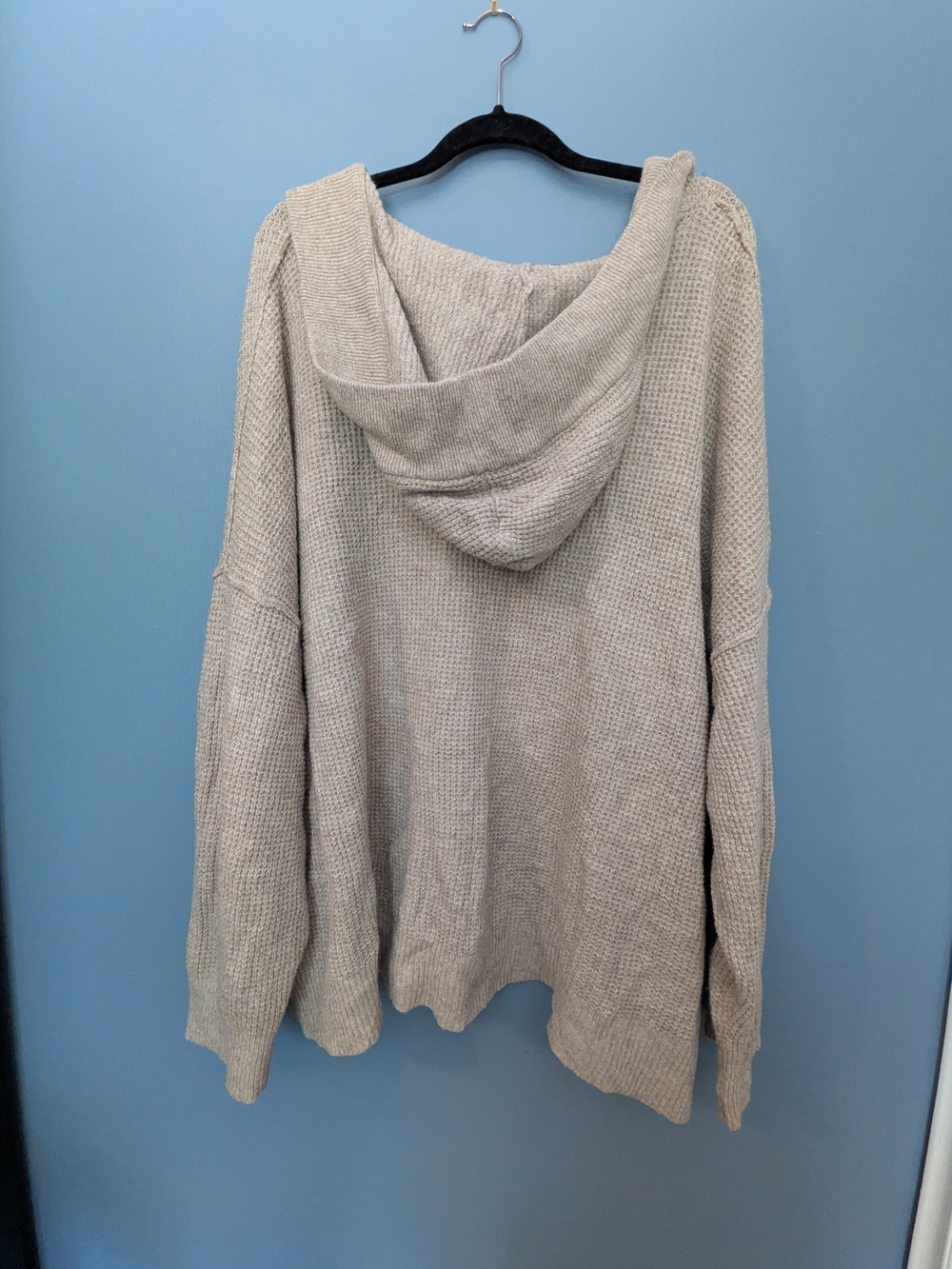 aerie Beige Taupe V-Neck Hooded Waffle Knit Sweater - Picture 4 of 8